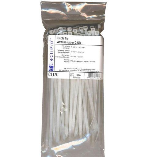 ElectriPro 7" White Nylon Indoor Cable Ties (1000 units), Model EPOCTI7M* - Orka