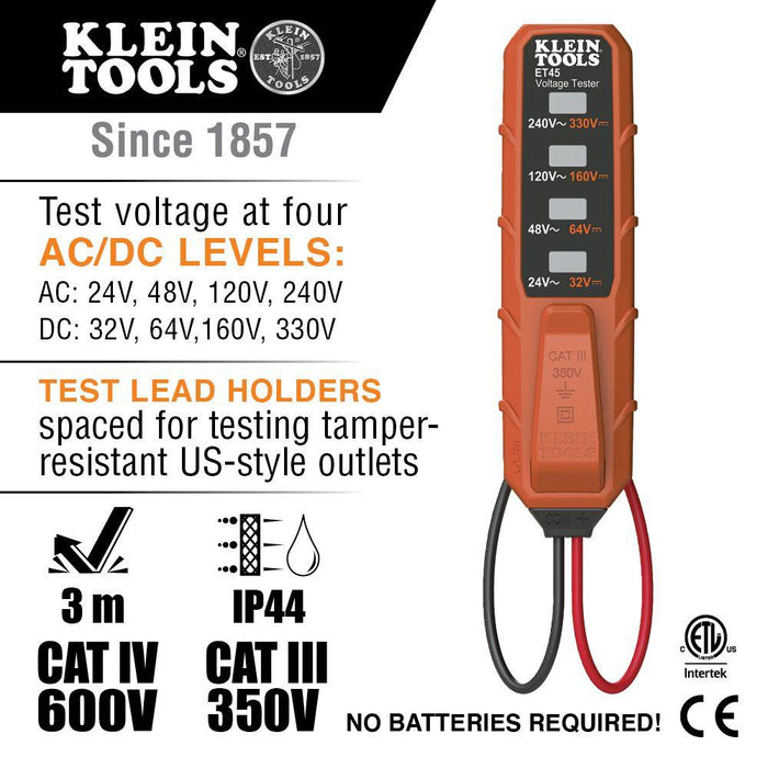 Klein Tools AC/DC Voltage and Receptacle Electrical Test Kit, Model ET45VP - Orka