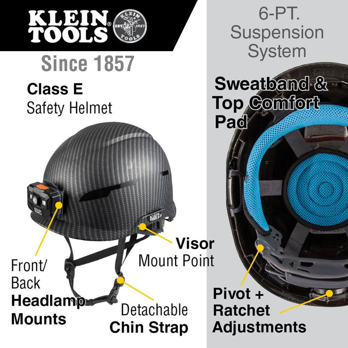 Klein Tools Safety Helmet, Premium KARBN pattern, Non-Vented, Class E with Headlamp, Model 60515