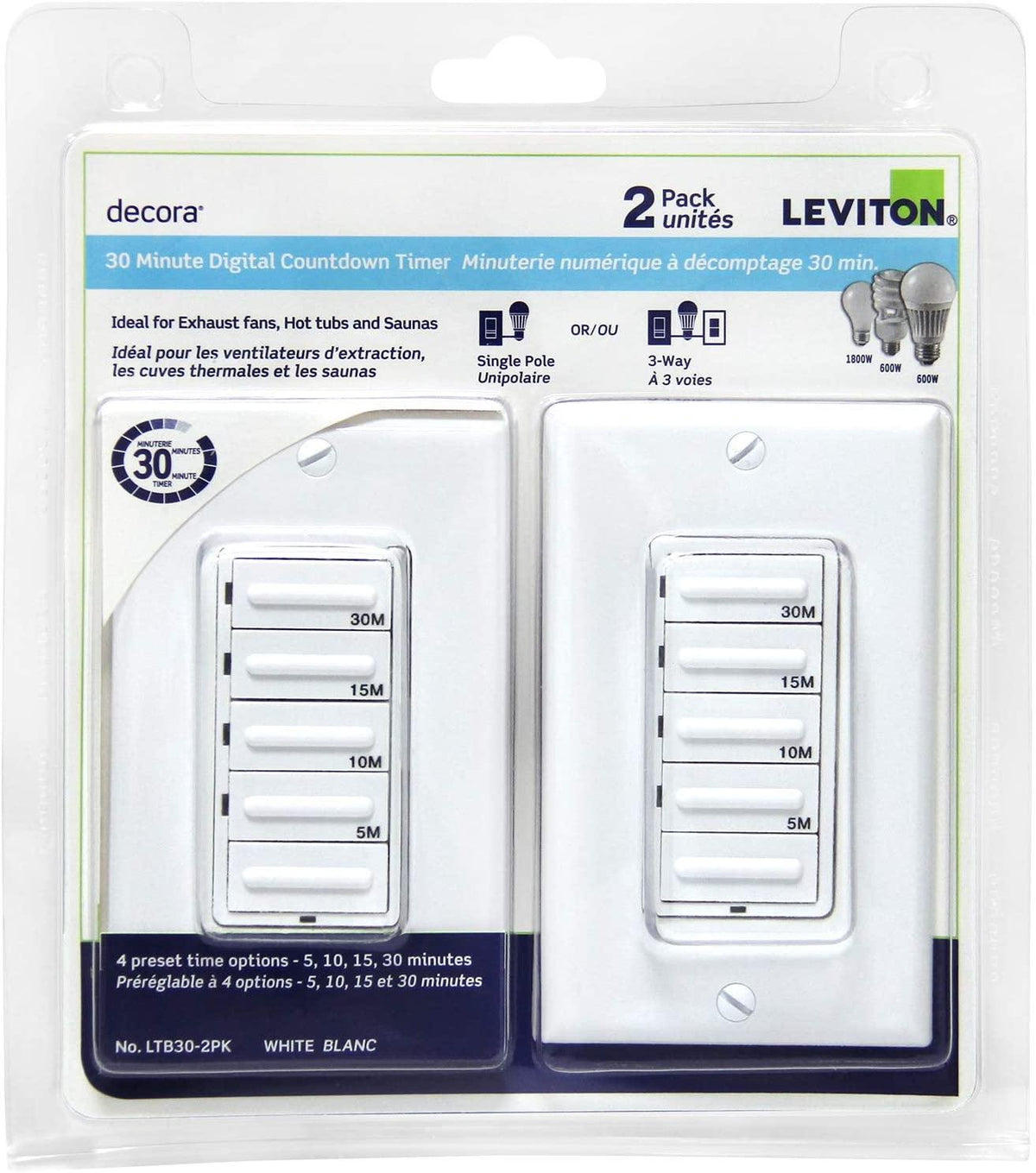 Leviton Package of 2 Preset 30 Minutes Timer, Model LTB30-756 — Orka