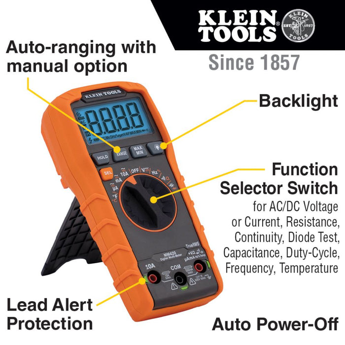 Klein Tools Digital Multimeter, TRMS Auto-Ranging, 600V, Temp, Model MM420
