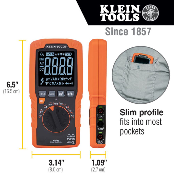 Klein Tools Slim Digital Multimeter, TRMS Auto-Ranging, 600V, Temp, Model MM450