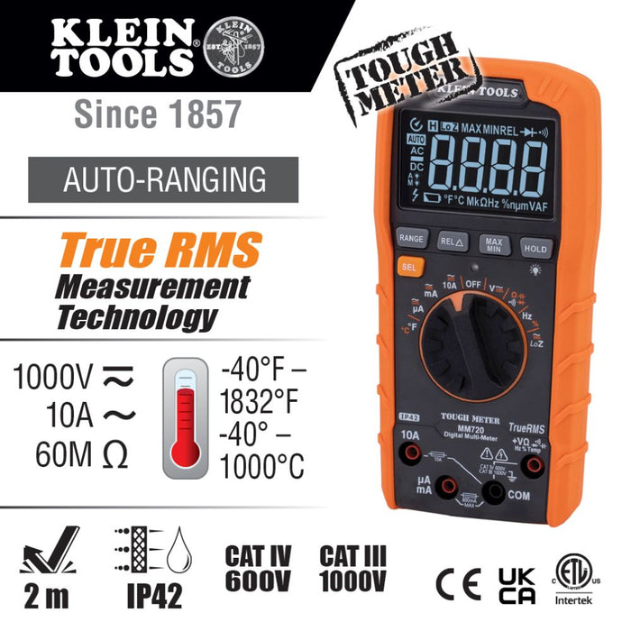 Klein Toold Digital Multimeter, TRMS Auto-Ranging, 1000V, Temp, Low Impedance, Model MM720*