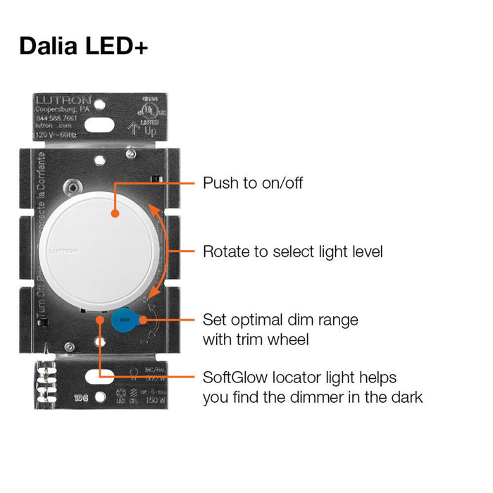 Lutron Dalia LED+ Dimmer for Dimmable CFL & LED Bulbs, Model RCL-153PNLH-WH* - Orka