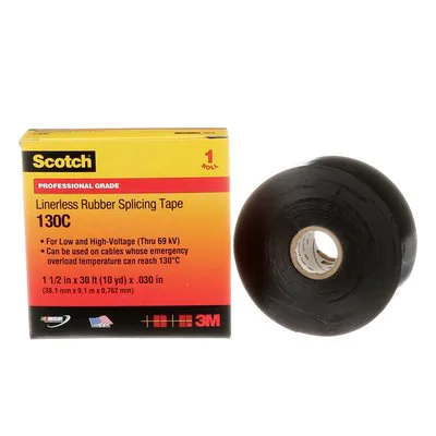 3M 1.5" wide Scotch Linerless Rubber Splicing Tape, Black, Model 130C-11/2x30