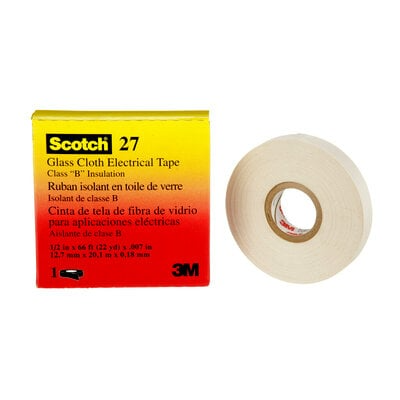 3M Scotch Glass Cloth Electrical Tape, White, 1/2in x 66ft, Rubber Thermosetting Adhesive, Model 27-1/2X66